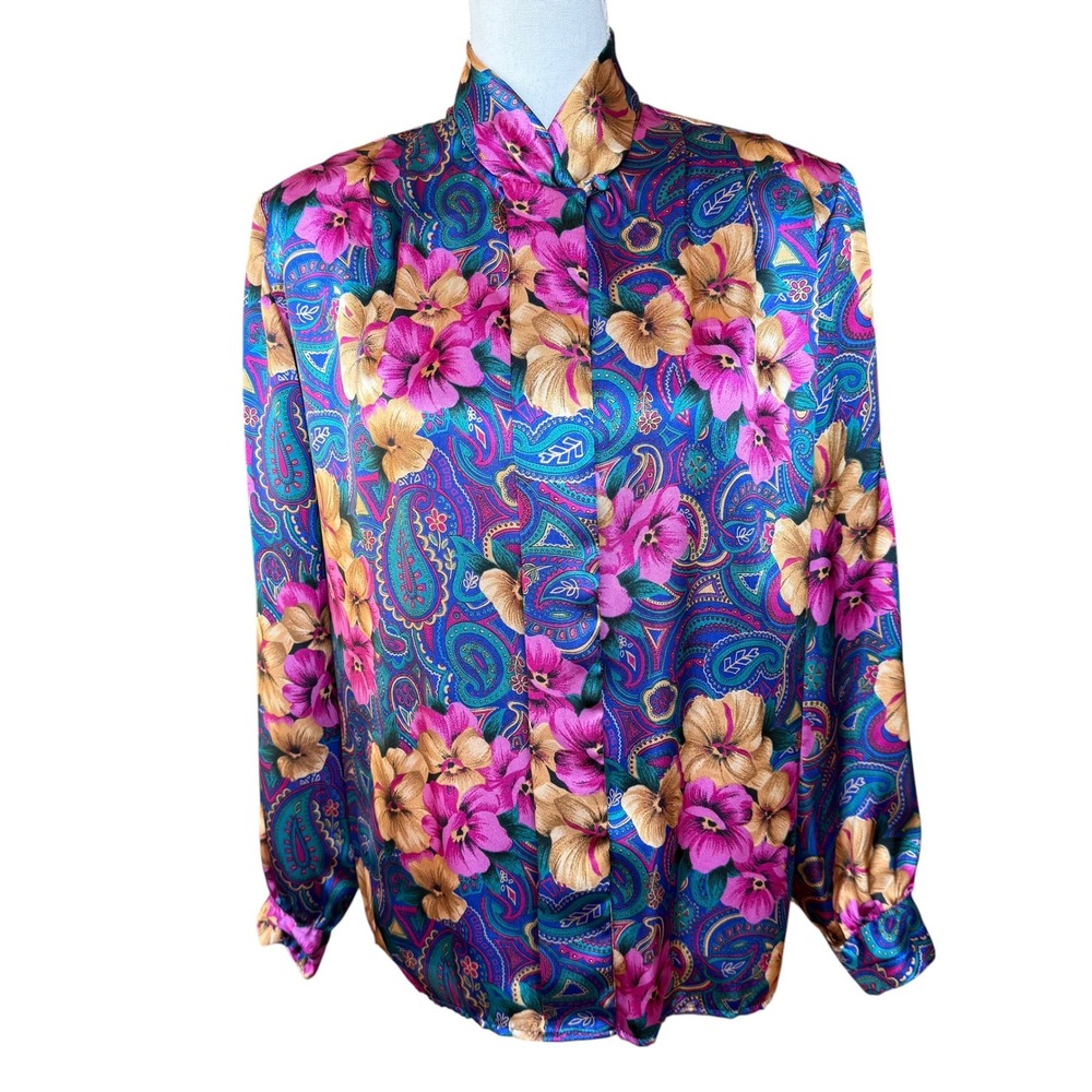 Laura‎ & Jayne Vintage Floral Paisley Satin Blouse High Neck Blue Magenta Size 8
